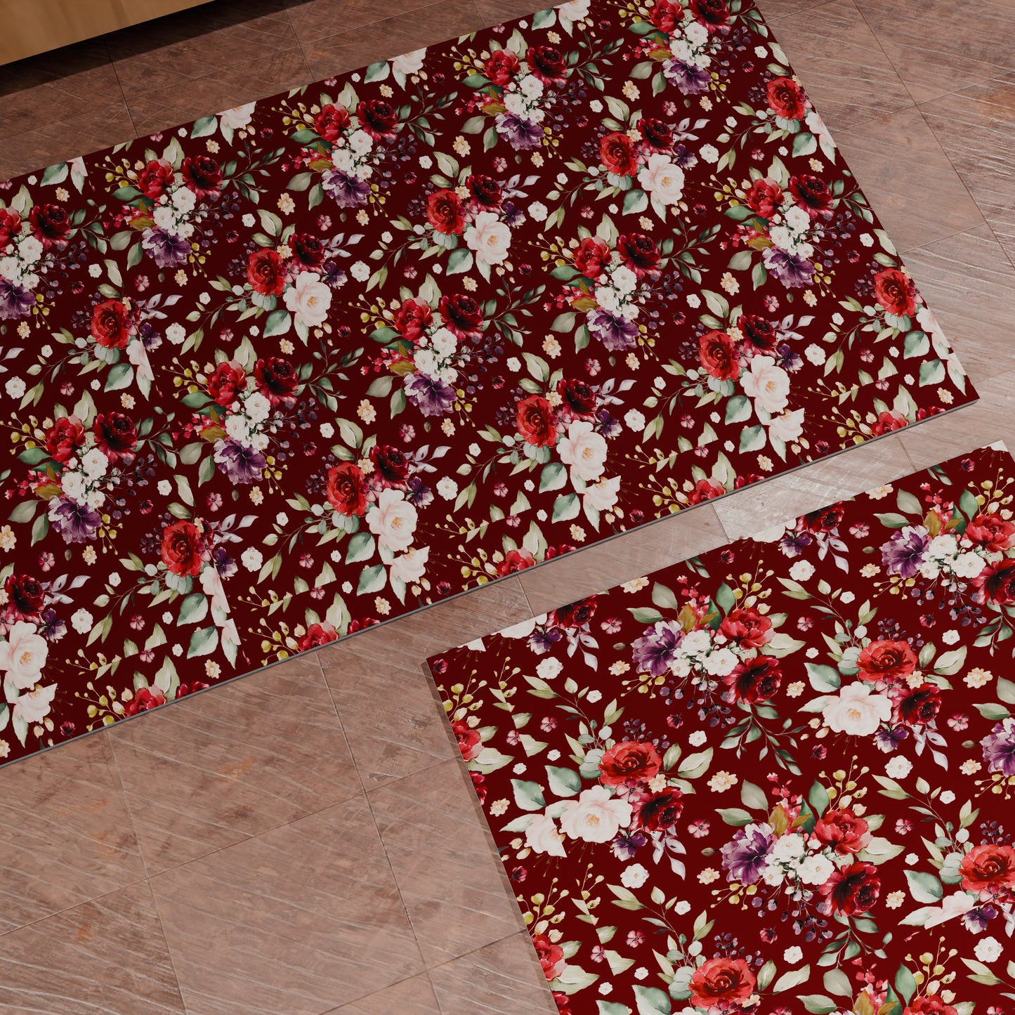 Tappeto Cucina Antiscivolo Passatoia Cucina lavabile, Floreale-07-Bordeaux