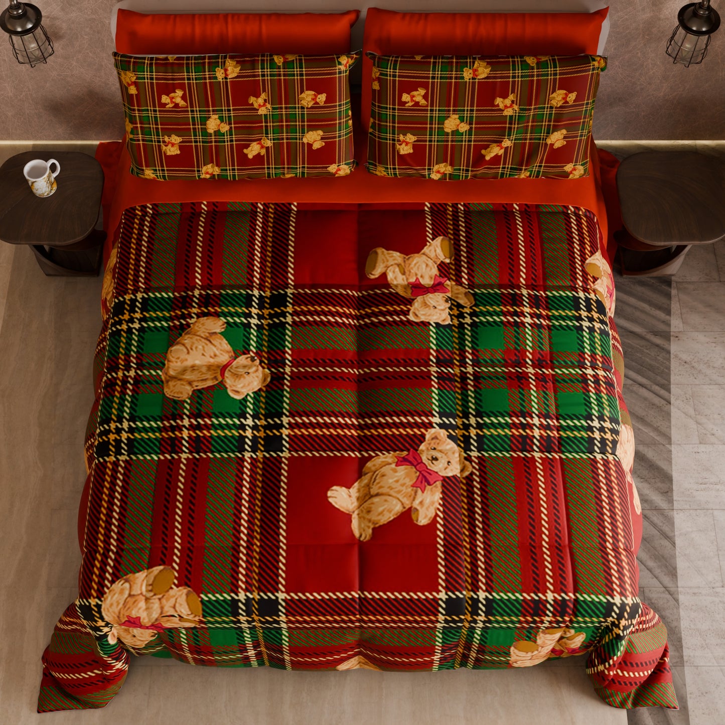 Trapunta Matrimoniale Natale, Singola, Piazza e Mezza Orsetto Tartan