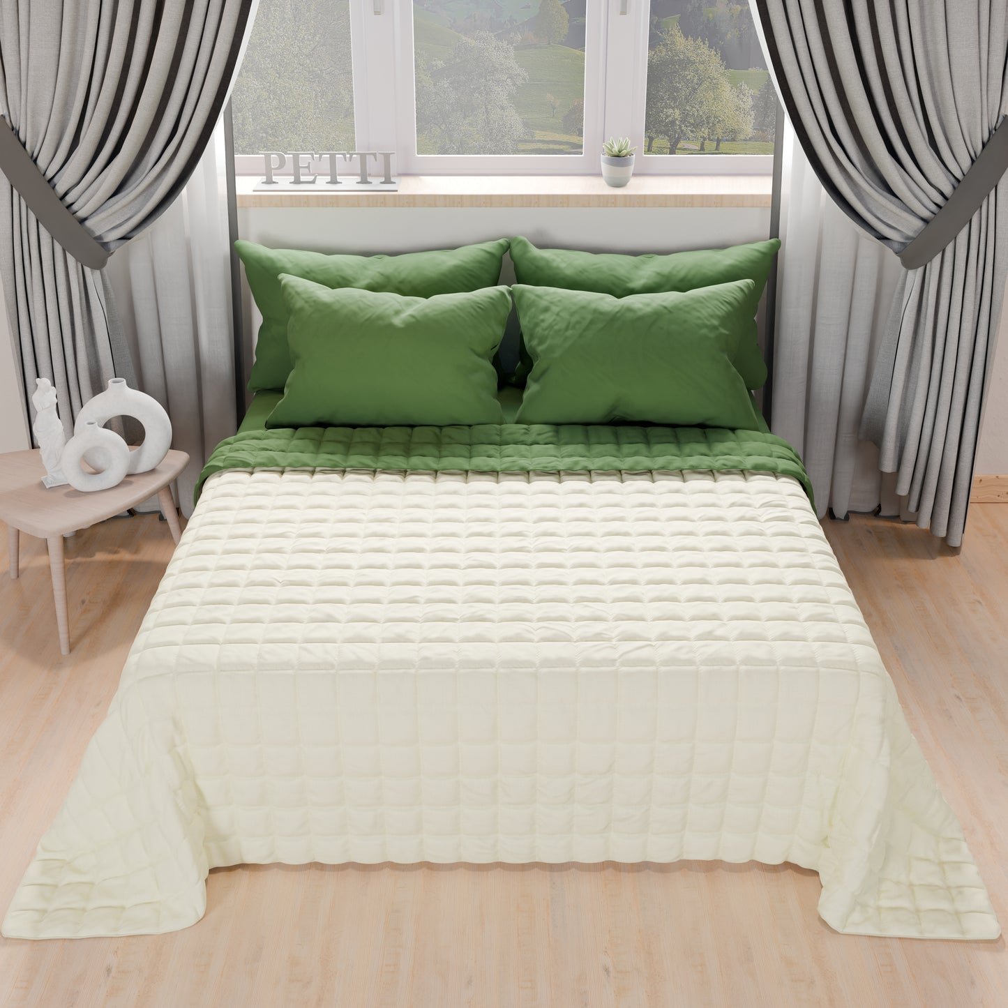 Trapuntino Copriletto Primaverile Autunnale Double Face Verde Panna