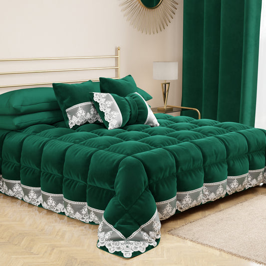 Couette d'hiver en velours doux et chaud avec volant et dentelle rebrodée émeraude par Sissy