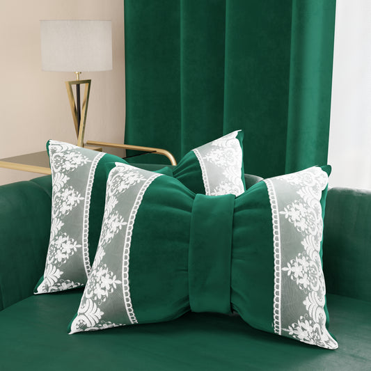 Coussin décoratif nœud en velours avec volant et dentelle rebrodée 40x50 cm, coussin de canapé émeraude By Sissy