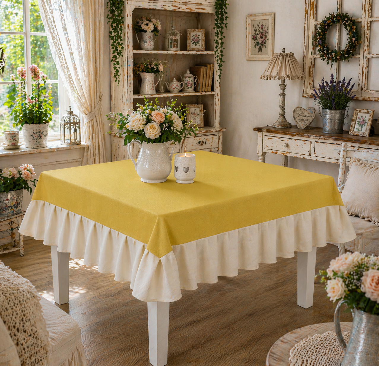 Tovaglia da Tavola Waterproof con Volant Giallo / Panna