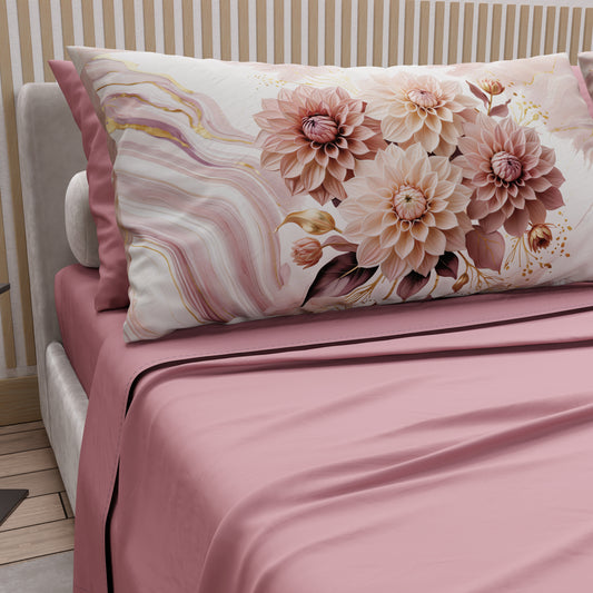 Draps en Coton, Parure de Lit avec Taies d'Oreiller en Impression Digitale Fleur Poudrée