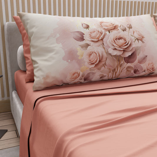 Draps en Coton, Parure de Lit avec Taies d'Oreiller en Impression Digitale Fleur Rose