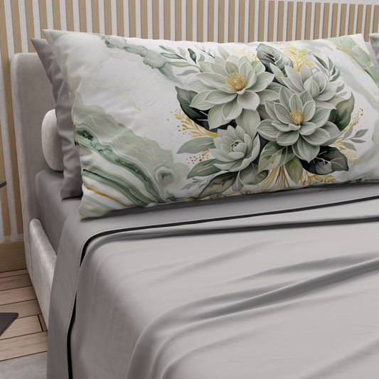 Lenzuola in Cotone, Completo Letto con Federe in Stampa Digitale Fiore Salvia