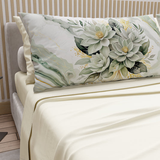 Draps en Coton, Parure de Lit avec Taies d'Oreiller en Impression Digitale Fleur Sauge