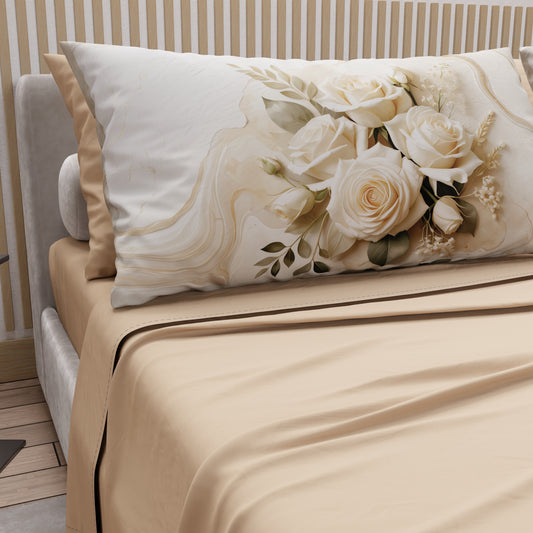 Draps en Coton, Parure de Lit avec Taies d'Oreiller en Impression Digitale Fleur Crème