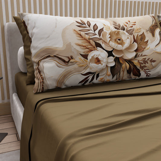Lenzuola in Cotone, Completo Letto con Federe in Stampa Digitale Fiore Tortora