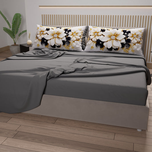 Lenzuola in Cotone, Completo Letto con Federe in Stampa Digitale Flower Ceramic Nero