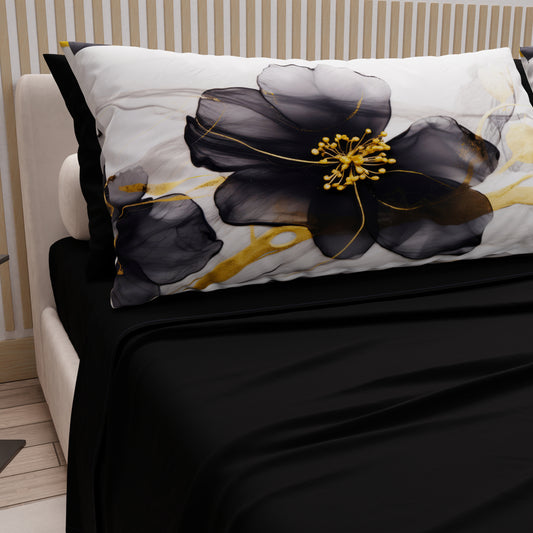 Draps en Coton, Parure de Lit avec Taies d'Oreiller en Impression Numérique Marble Flower 07 Noir