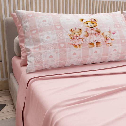Lenzuola in Cotone, Completo Letto con Federe in Stampa Digitale Teddy Love Rosa