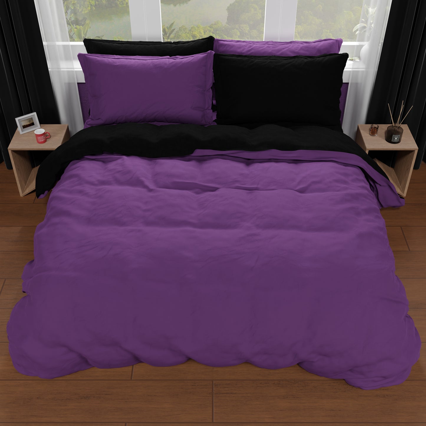 Housse de couette double, housse de couette et taies d'oreiller, noir/violet