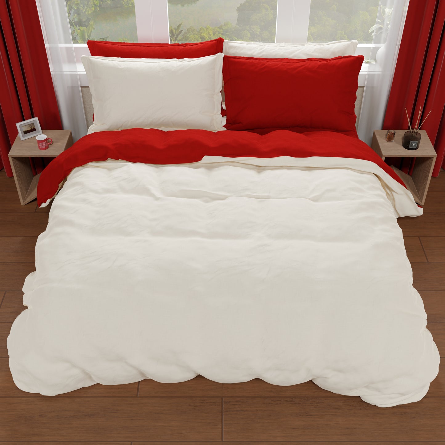 Double Duvet Cover, Duvet Cover and Pillowcases, Cream/Bordeaux