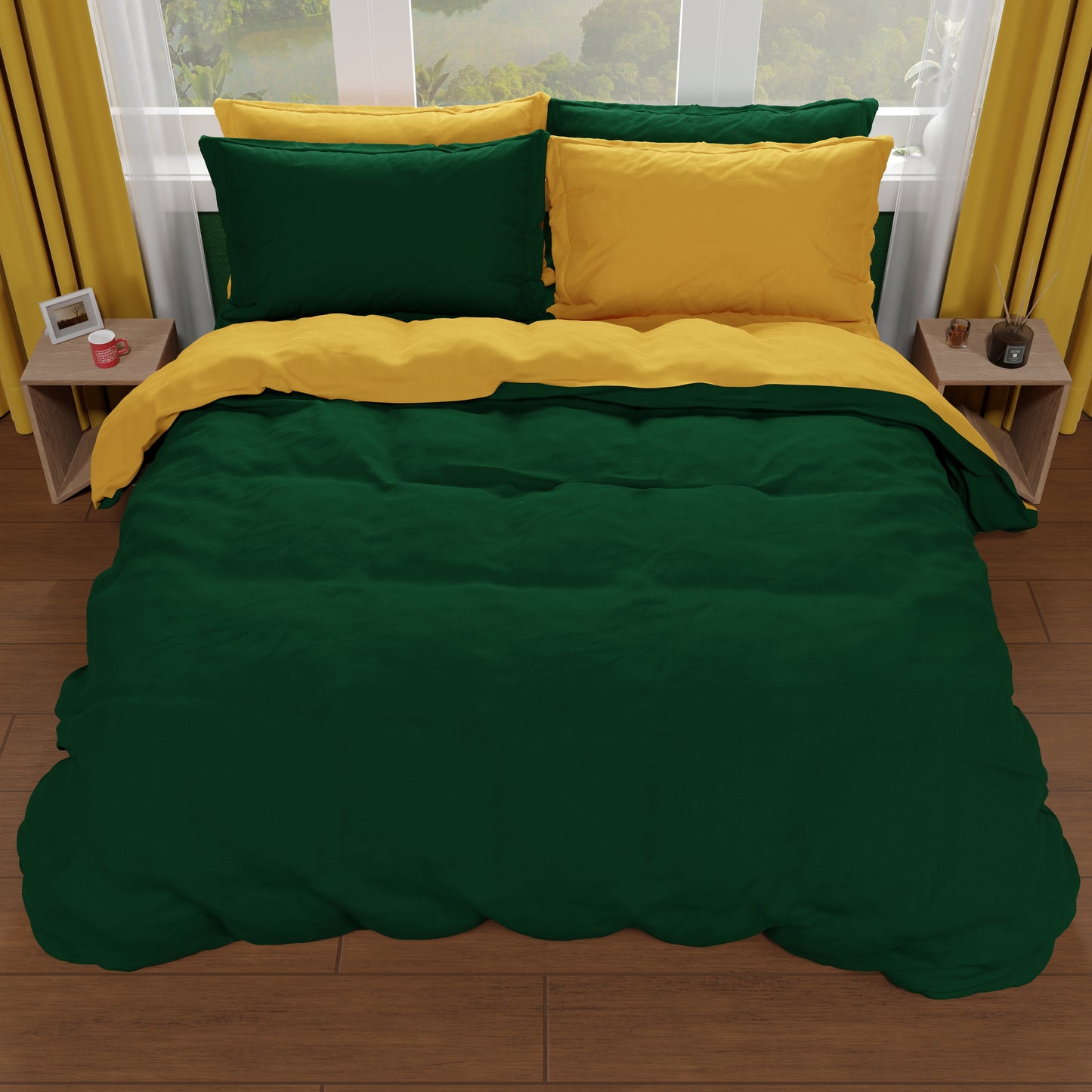 Double Duvet Cover, Duvet Cover and Pillowcases, Emerald Green/Yellow