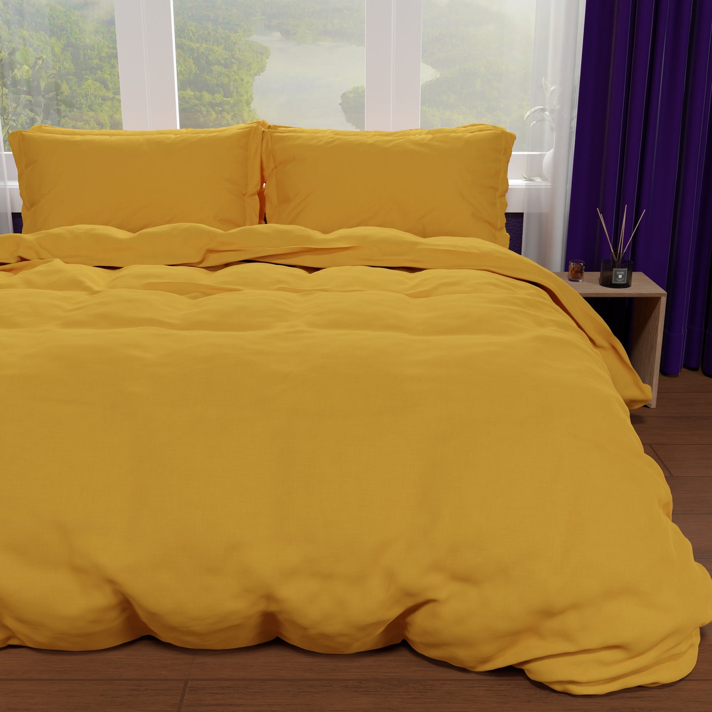 Double Duvet Cover, Duvet Cover and Pillowcases, Plain Ocher Yellow