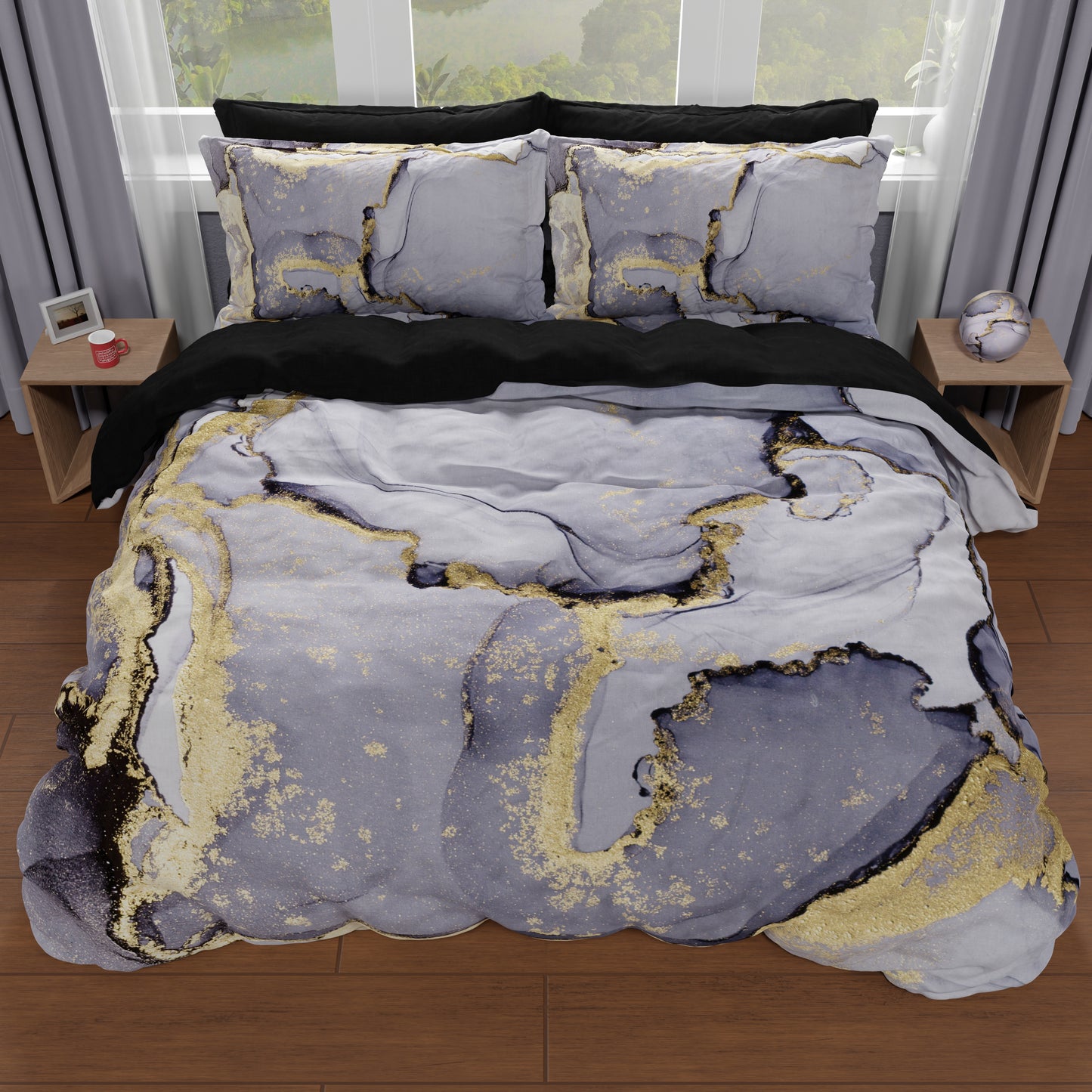 Housse de couette double, simple, queen size, marbre 04 gris foncé