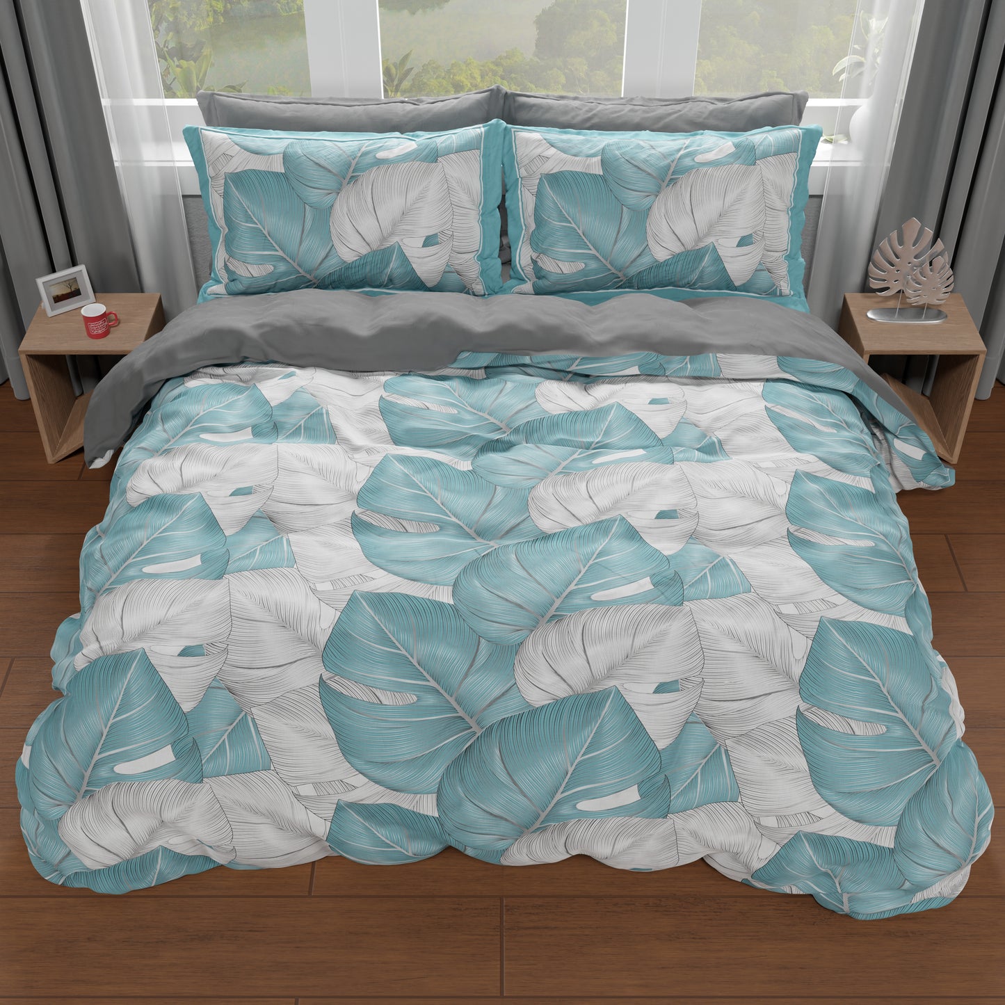 Housse de couette double, simple, queen size, bleu clair tropical argent