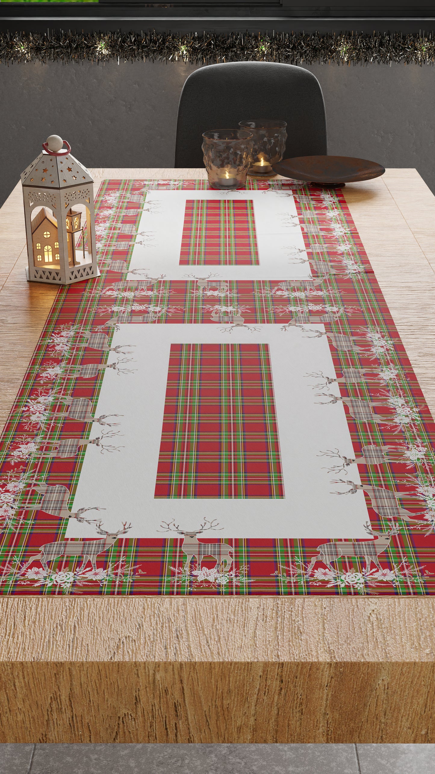 Runner Tavola Natalizio, Tovaglia Runner Natalizia, Runner Cucina Renna Beige.