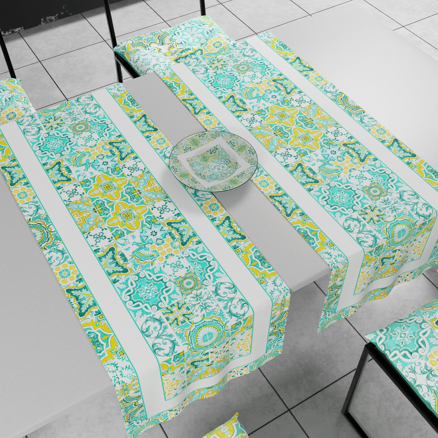 Runner Tavola Geometrico, Tovaglia Runner Geometrico, Runner Cucina Vietri 02 Verde Acqua