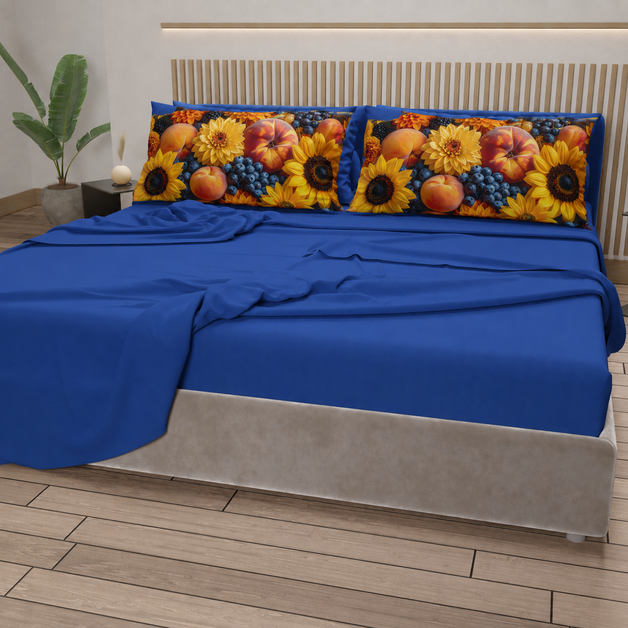 Lenzuola in Cotone, Completo Letto con Federe in Stampa Digitale Autunno 03 Blu Elettrico