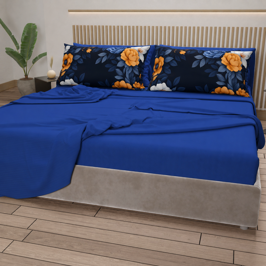 Lenzuola in Cotone, Completo Letto con Federe in Stampa Digitale Autunno 04 Blu Elettrico