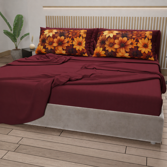 Lenzuola in Cotone, Completo Letto con Federe in Stampa Digitale Autunno 06 Bordeaux