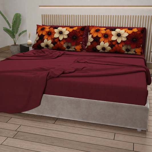 Lenzuola in Cotone, Completo Letto con Federe in Stampa Digitale Autunno 05 Bordeaux