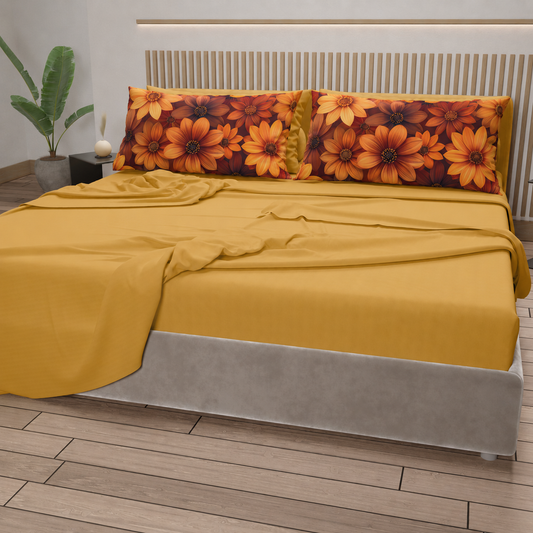 Lenzuola in Cotone, Completo Letto con Federe in Stampa Digitale Autunno 06 Giallo