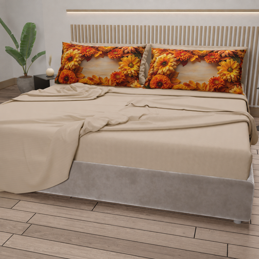 Lenzuola in Cotone, Completo Letto con Federe in Stampa Digitale Autunno 07 Beige