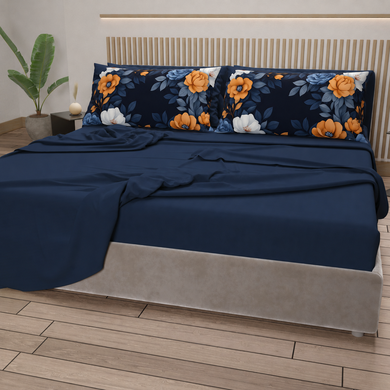 Lenzuola in Cotone, Completo Letto con Federe in Stampa Digitale Autunno 04 Blu Notte