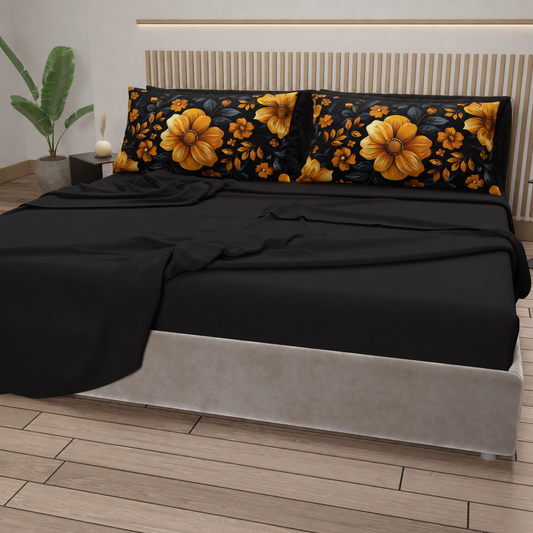 Lenzuola in Cotone, Completo Letto con Federe in Stampa Digitale Autunno 02 Nero