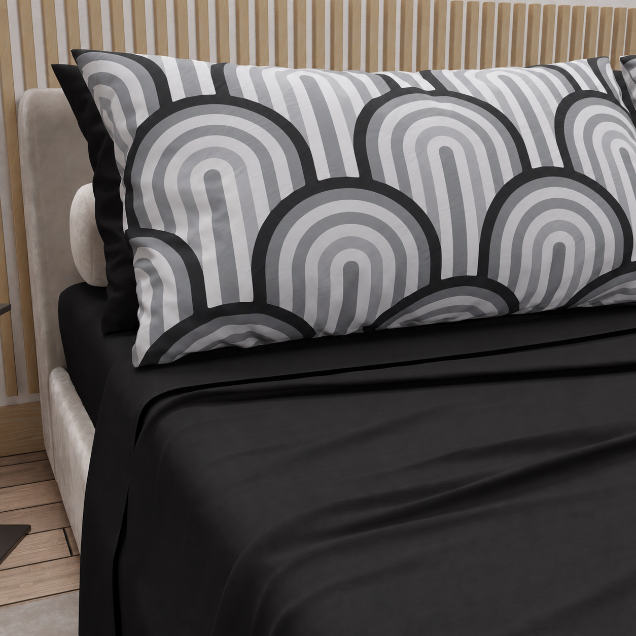 Lenzuola in Cotone, Completo Letto con Federe in Stampa Digitale Delta Grigio Nero