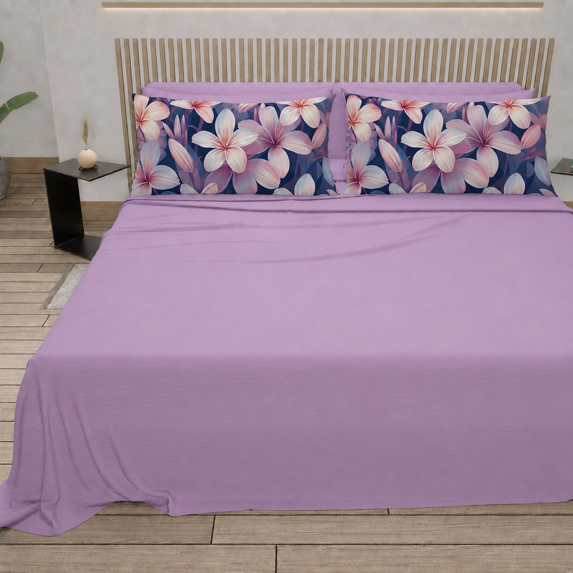 Lenzuola in Cotone, Completo Letto con Federe in Stampa Digitale Petalo 16 Lilla.