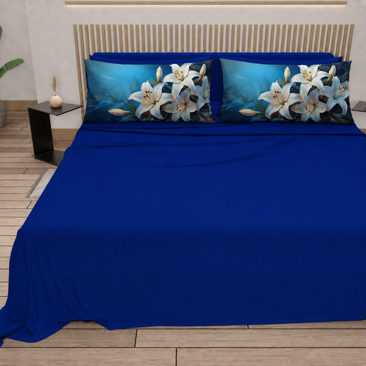Lenzuola in Cotone, Completo Letto con Federe in Stampa Digitale Petalo 15 Blu Elettrico.