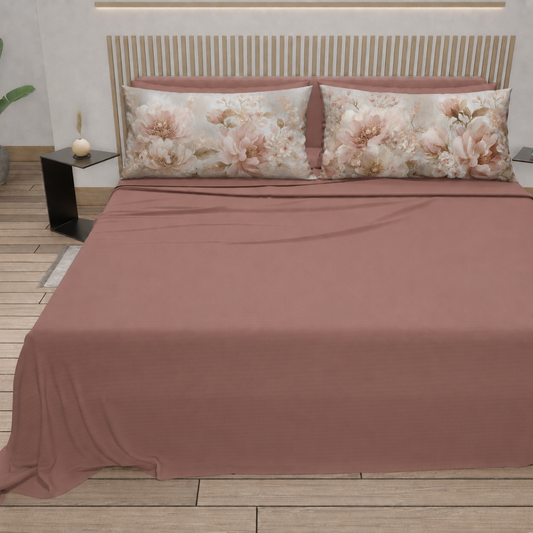 Lenzuola in Cotone, Completo Letto con Federe in Stampa Digitale Petalo 14 Cipria Scuro.