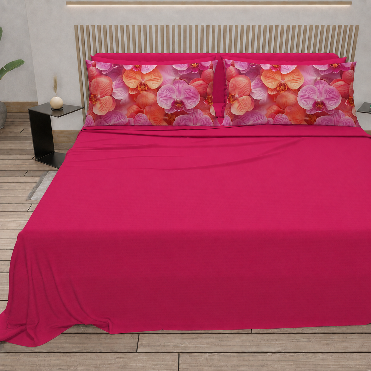 Lenzuola in Cotone, Completo Letto con Federe in Stampa Digitale Petalo 08 Fucsia.
