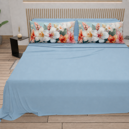 Lenzuola in Cotone, Completo Letto con Federe in Stampa Digitale Petalo 17 Celeste.