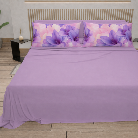 Lenzuola in Cotone, Completo Letto con Federe in Stampa Digitale Petalo 06 Lilla