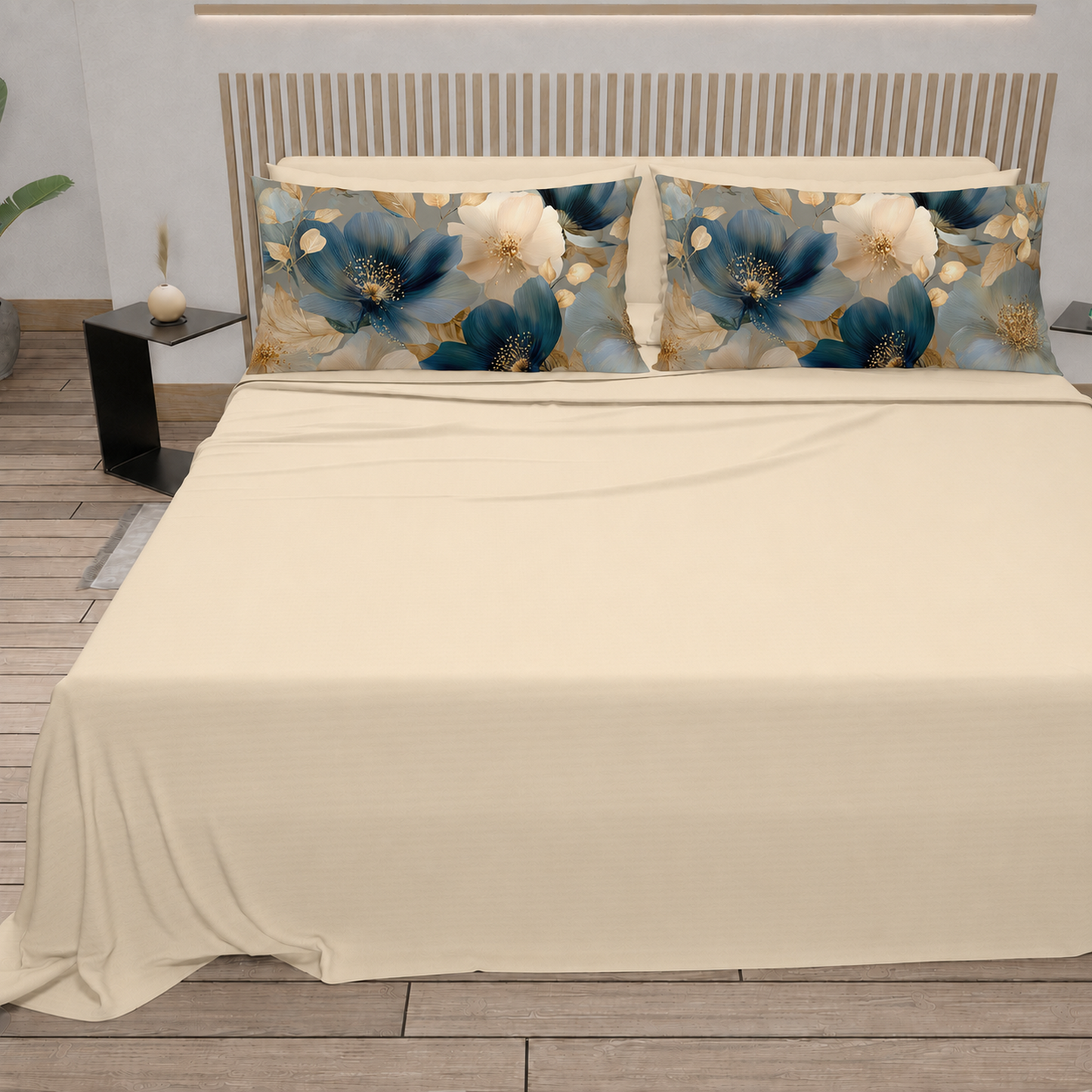 Lenzuola in Cotone, Completo Letto con Federe in Stampa Digitale Petalo 12 Panna.