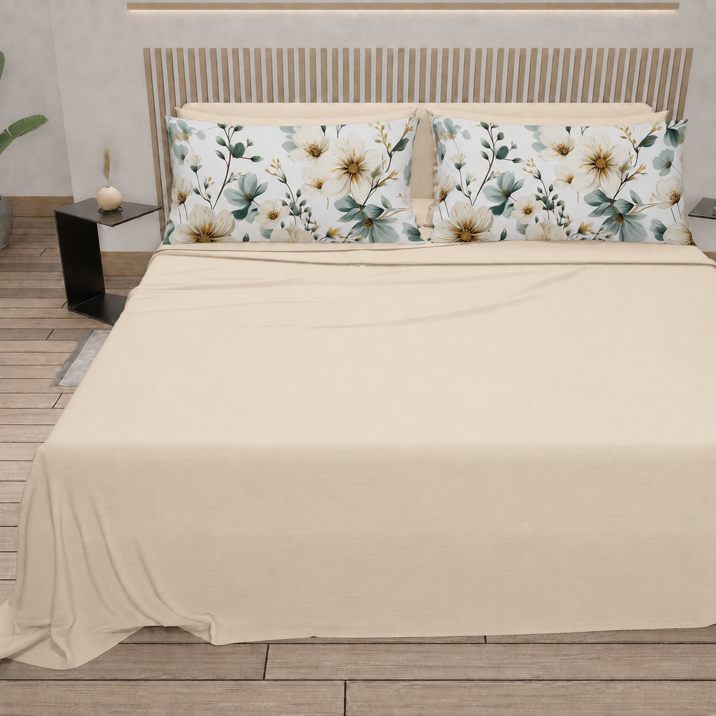 Lenzuola in Cotone, Completo Letto con Federe in Stampa Digitale Petalo 20 Panna.