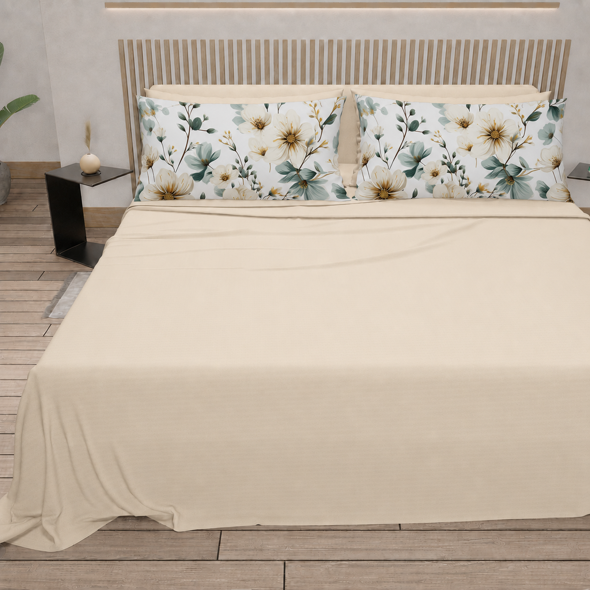 Lenzuola in Cotone, Completo Letto con Federe in Stampa Digitale Petalo 20 Panna.
