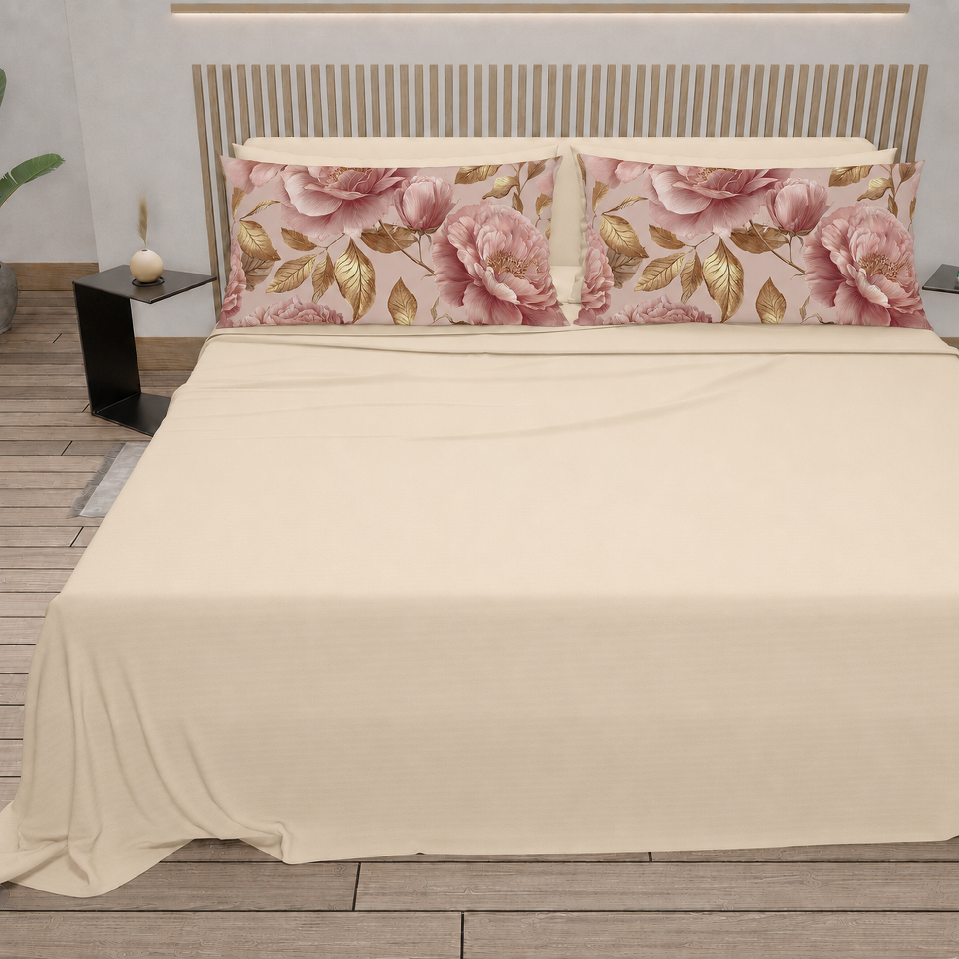 Lenzuola in Cotone, Completo Letto con Federe in Stampa Digitale Petalo 13 Panna.