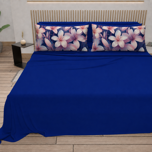 Lenzuola in Cotone, Completo Letto con Federe in Stampa Digitale Petalo 16 Blu Elettrico.