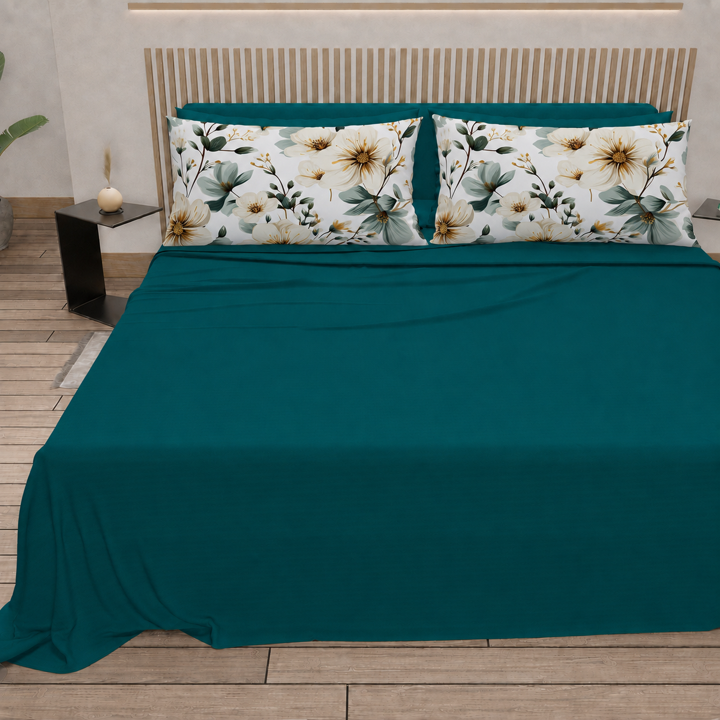 Lenzuola in Cotone, Completo Letto con Federe in Stampa Digitale Petalo 20 Ottanio