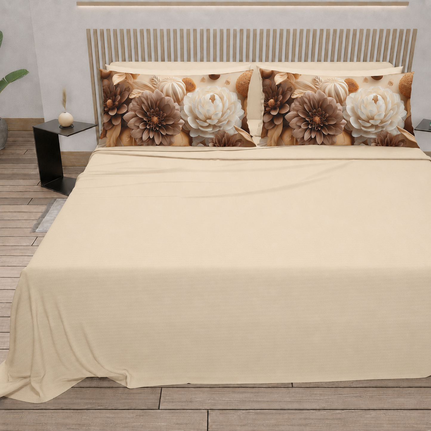 Lenzuola in Cotone, Completo Letto con Federe in Stampa Digitale Petalo 10 Panna