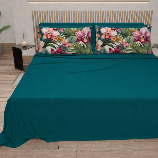 Lenzuola in Cotone, Completo Letto con Federe in Stampa Digitale Petalo 09 Ottanio