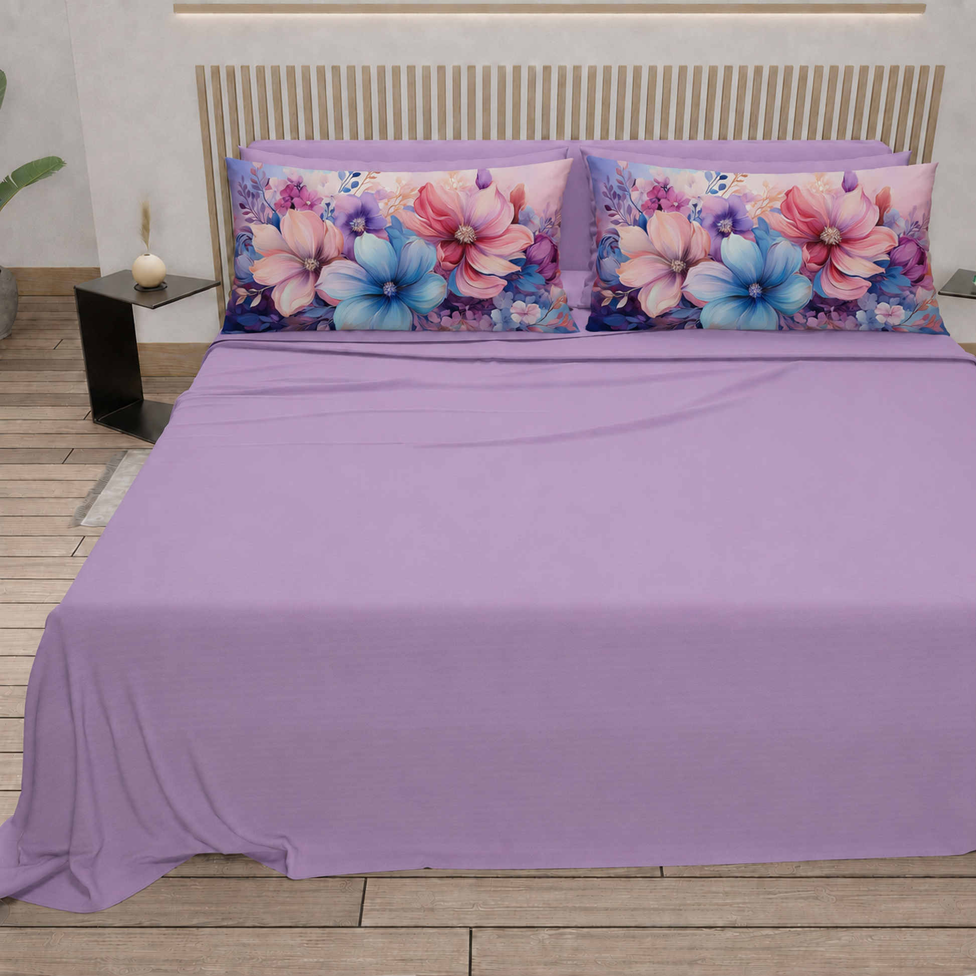 Lenzuola in Cotone, Completo Letto con Federe in Stampa Digitale Petalo 11 Lilla.