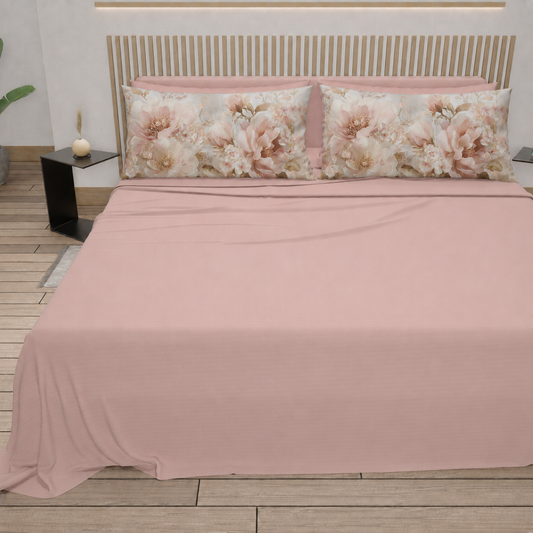 Lenzuola in Cotone, Completo Letto con Federe in Stampa Digitale Petalo 14 Cipria Chiaro.