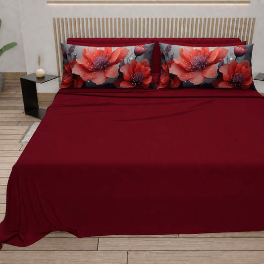 Lenzuola in Cotone, Completo Letto con Federe in Stampa Digitale Petalo 19 Bordeaux.