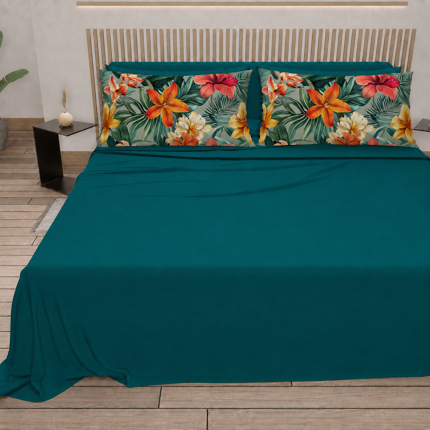 Lenzuola in Cotone, Completo Letto con Federe in Stampa Digitale Petalo 04 Ottanio
